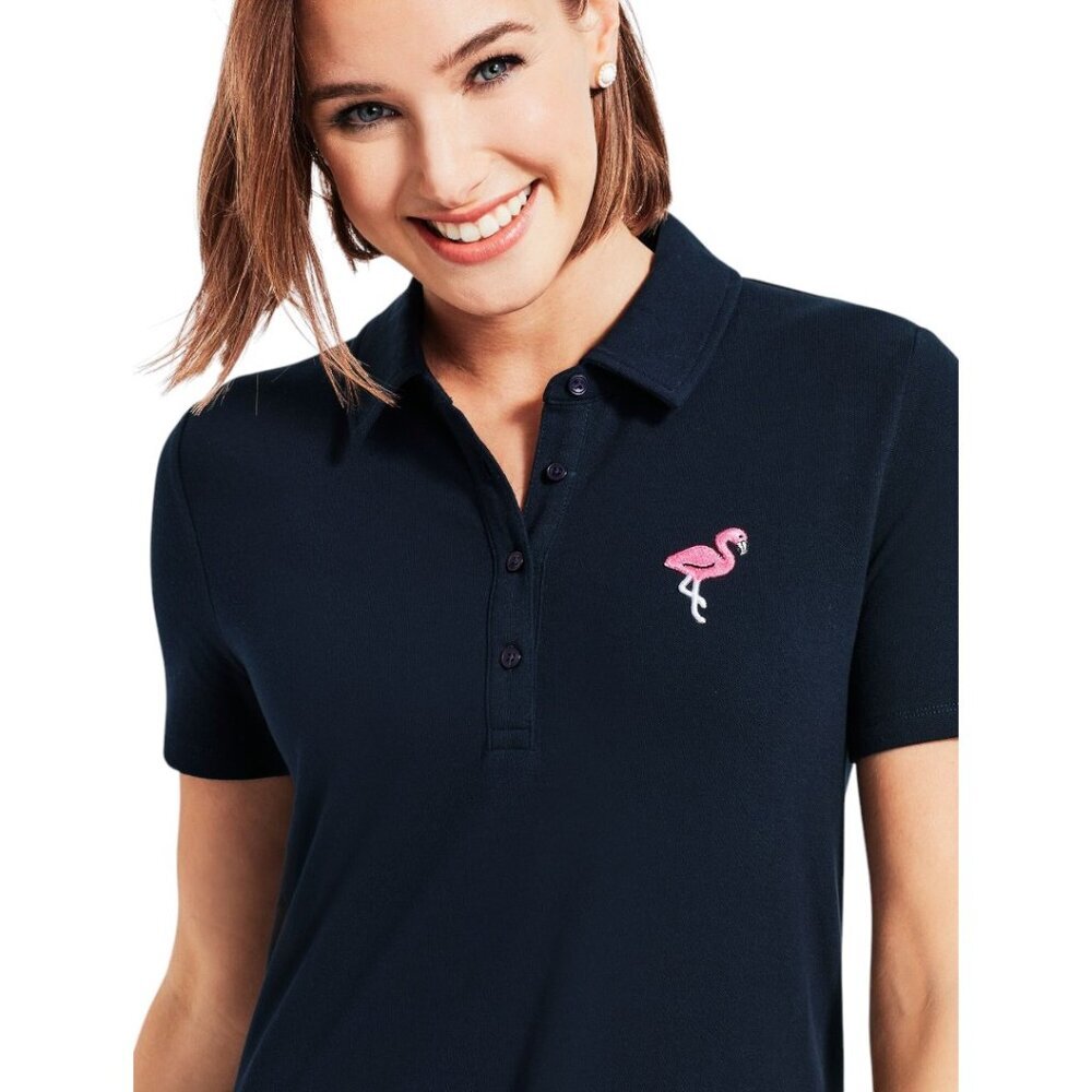Talbots Flamingo Polo Short Sleeve Navy Blue Tie Bottom Top